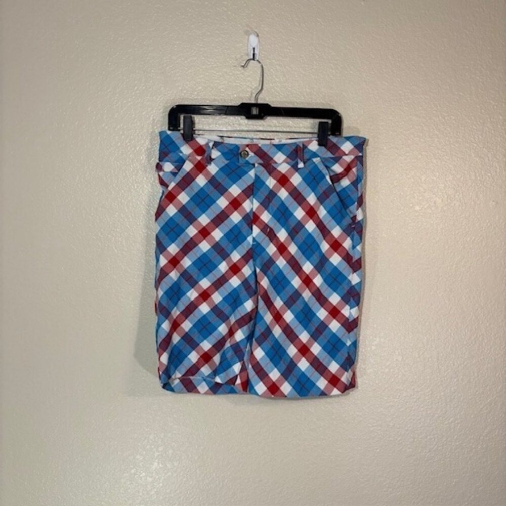 Royal and Awesome Golf Shorts Mens 32 x 9.5 Blue Red Plaid Chino